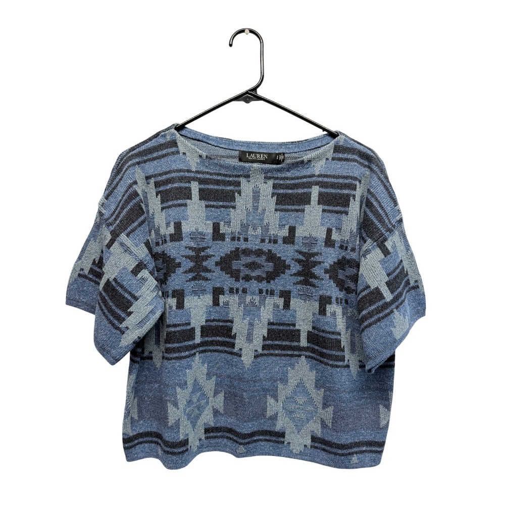 Vintage Lauren Ralph Lauren Blue Southwest Geometric Cotton Short Sleeve Sweater